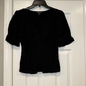 Madewell Black Fitted Button Down Blouse Ruffled Puff Sleeve Black Dressy Size 0